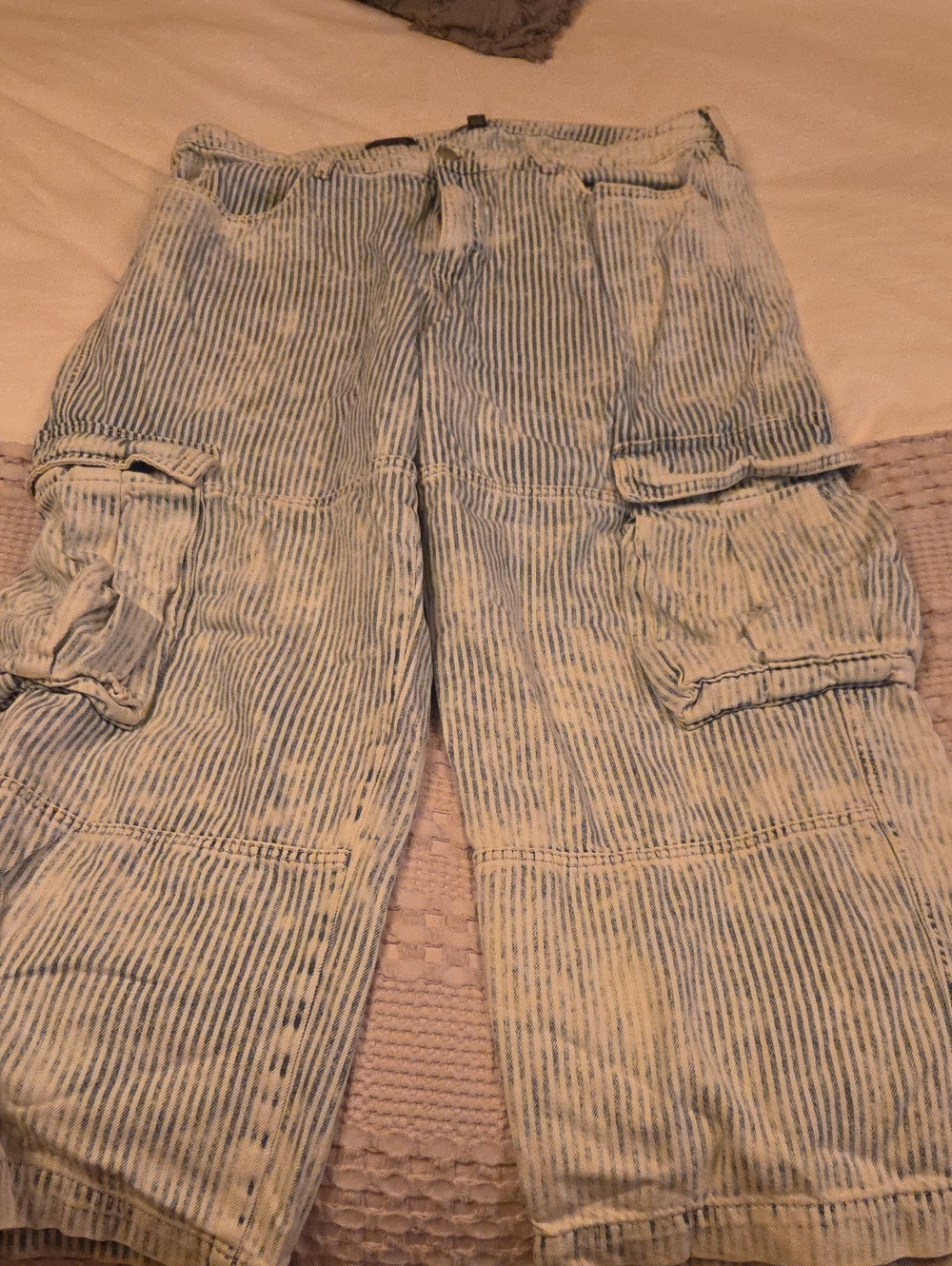 Mid Rise Baggy Cargo Jeans in Light Blue Stripe